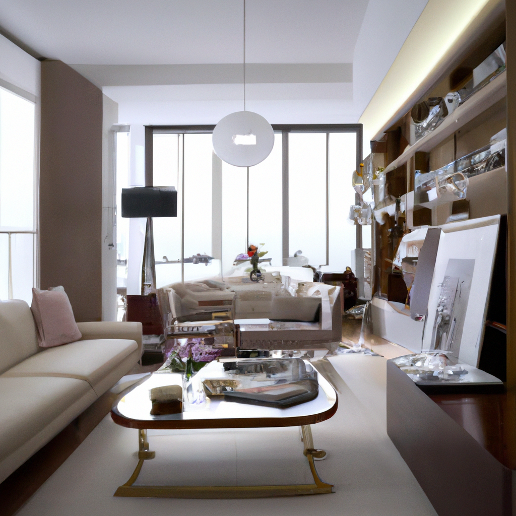 Intérieur moderne élégant avec canapés clairs, table en verre, décor minimaliste et lumière naturelle abondante.