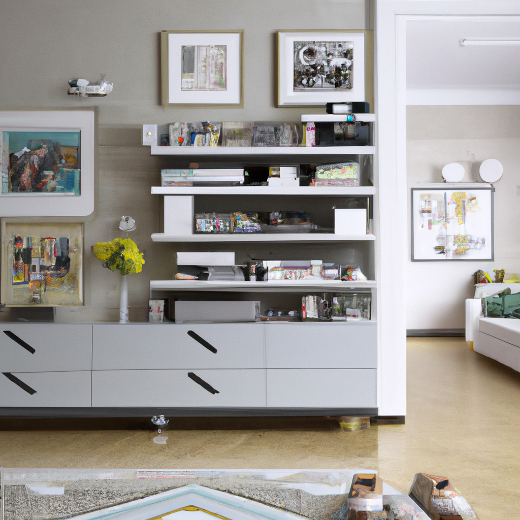 Intérieur moderne avec mur gris, meuble de rangement minimaliste, œuvres d'art colorées, ambiance lumineuse et épurée.