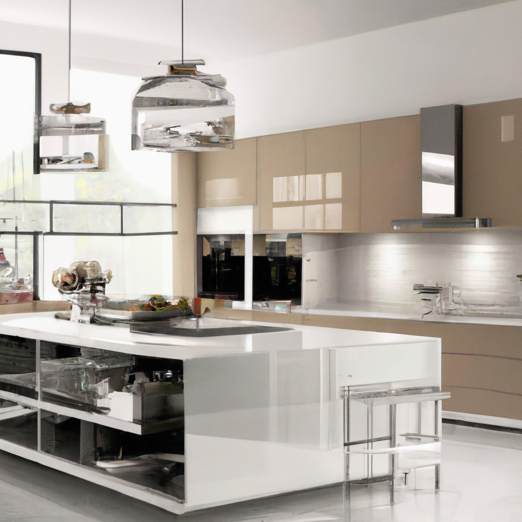 Cuisine moderne avec îlot central blanc, armoires beige, éclairage design en verre et ambiance minimaliste et élégante.
