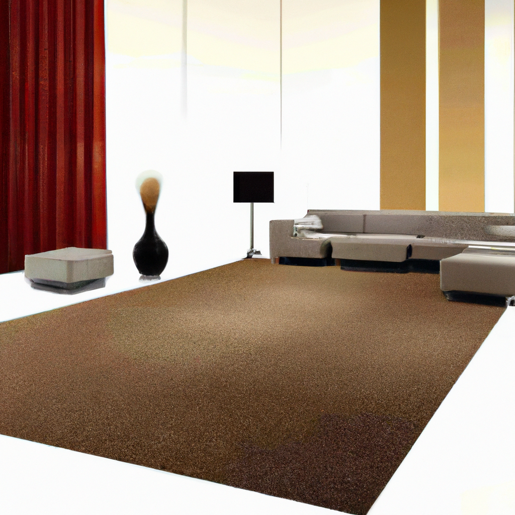 Salon moderne avec canapé gris, tapis marron, rideaux rouges, vase décoratif noir et lampadaire, ambiance chaleureuse.