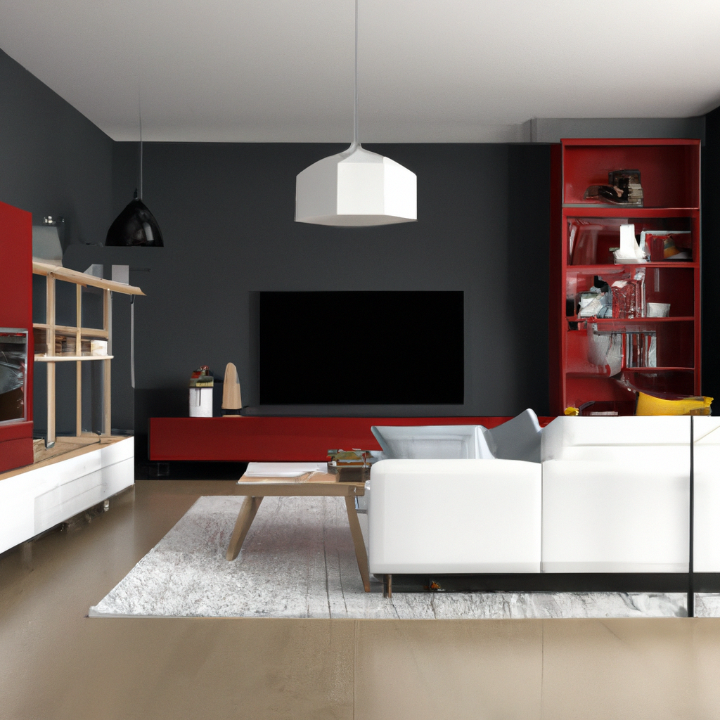 Salon moderne avec murs sombres, canapé blanc minimaliste, meubles rouges, et ambiance chic et accueillante.