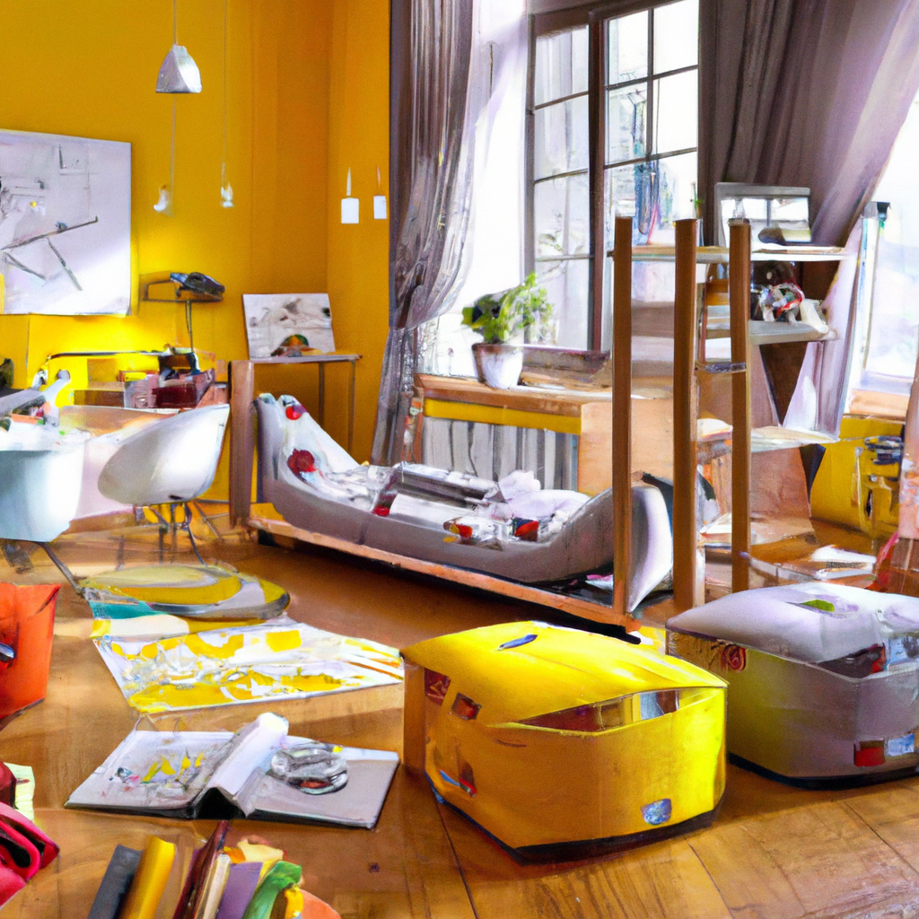 Intérieur vibrant avec murs jaunes, meubles modernes, fauteuils colorés, et ambiance artistique lumineuse.