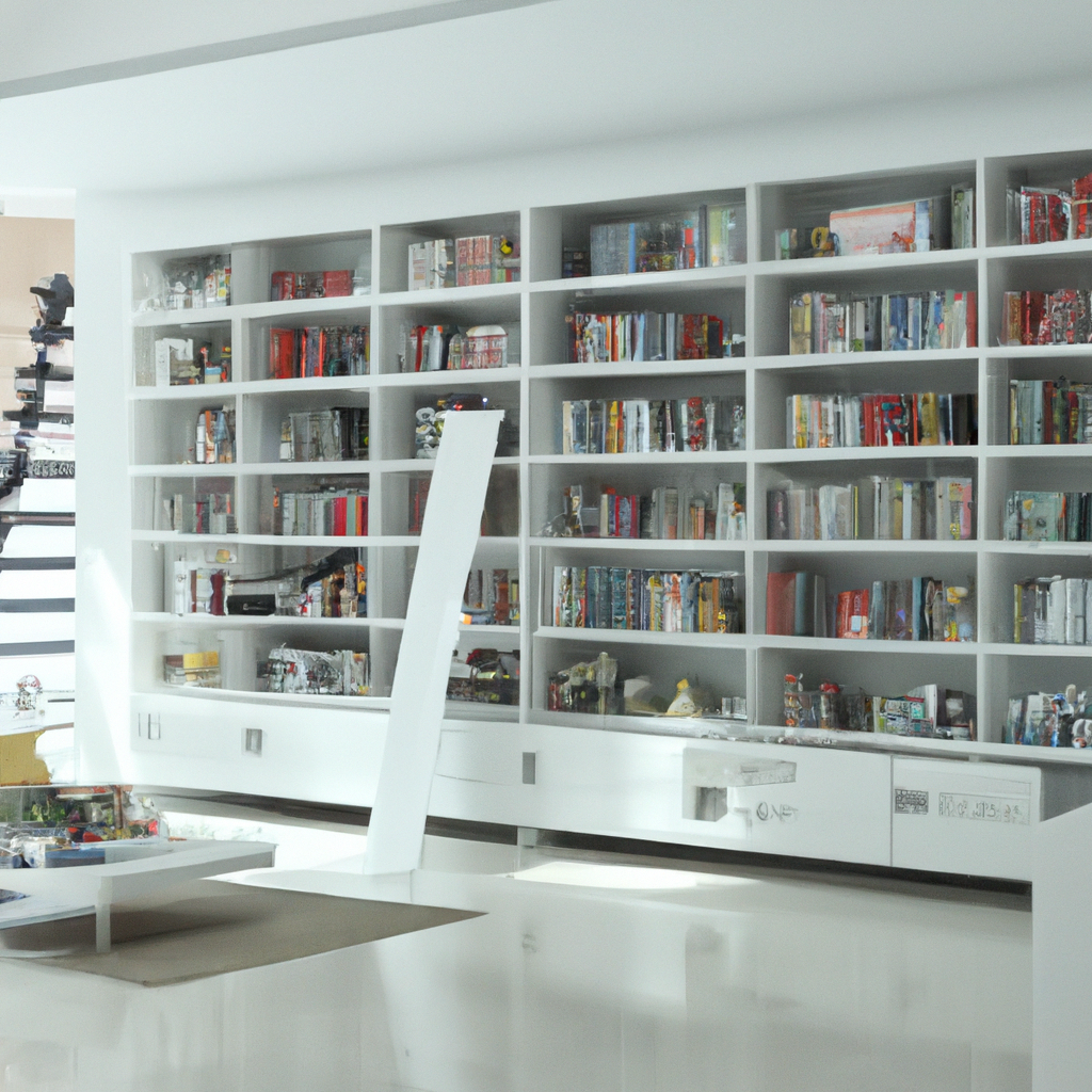 Bibliothèque moderne blanche remplie de livres colorés, avec un mobilier épuré et une ambiance lumineuse et contemporaine.