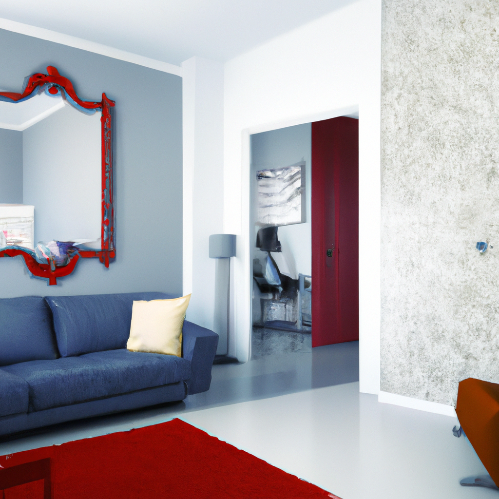Salon moderne avec canapé bleu, miroir rouge, tapis rouge, murs gris et coin de décoration épuré. Ambiance contemporaine.