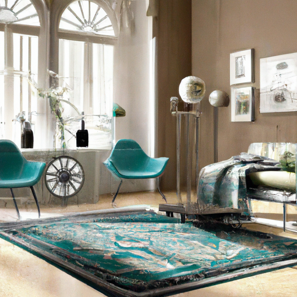 Intérieur moderne avec fauteuils turquoise, tapis artistique, lumière naturelle et ambiance zen.