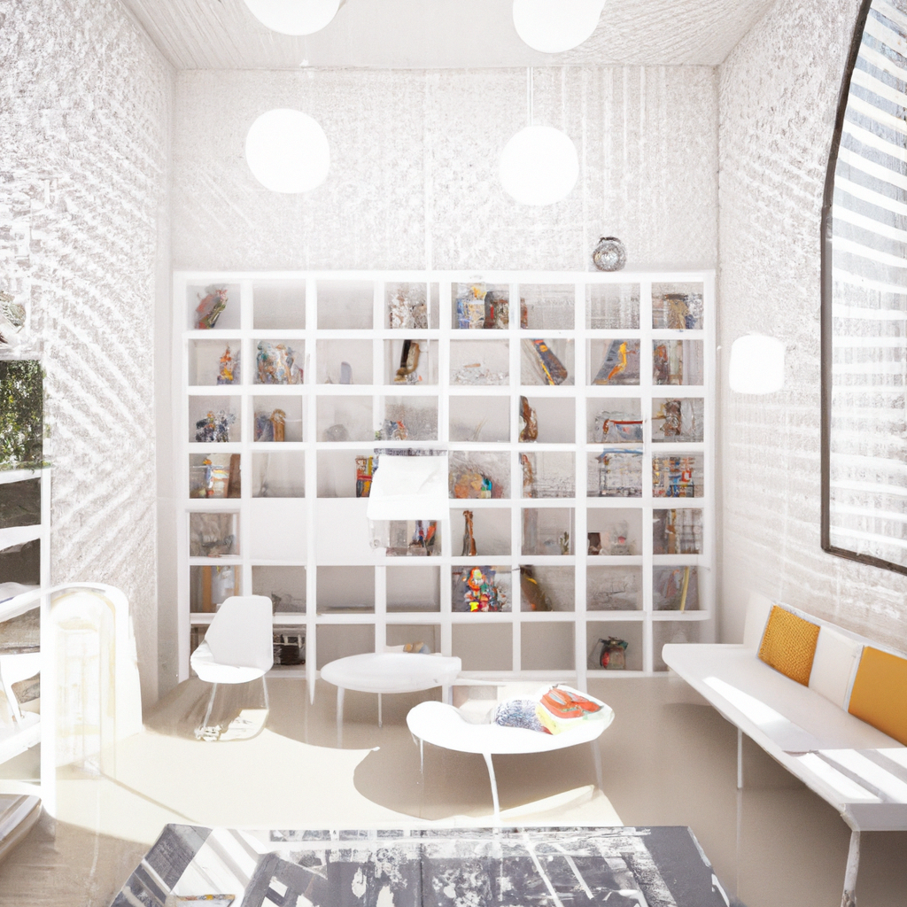 Intérieur lumineux et moderne, murs blancs, meubles minimalistes, étagères ouvertes et touches colorées. Ambiance apaisante.