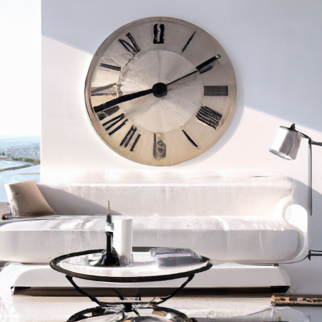 Salon moderne avec canapé blanc, horloge argentée, table ronde en métal, vue panoramique et éclairage naturel.