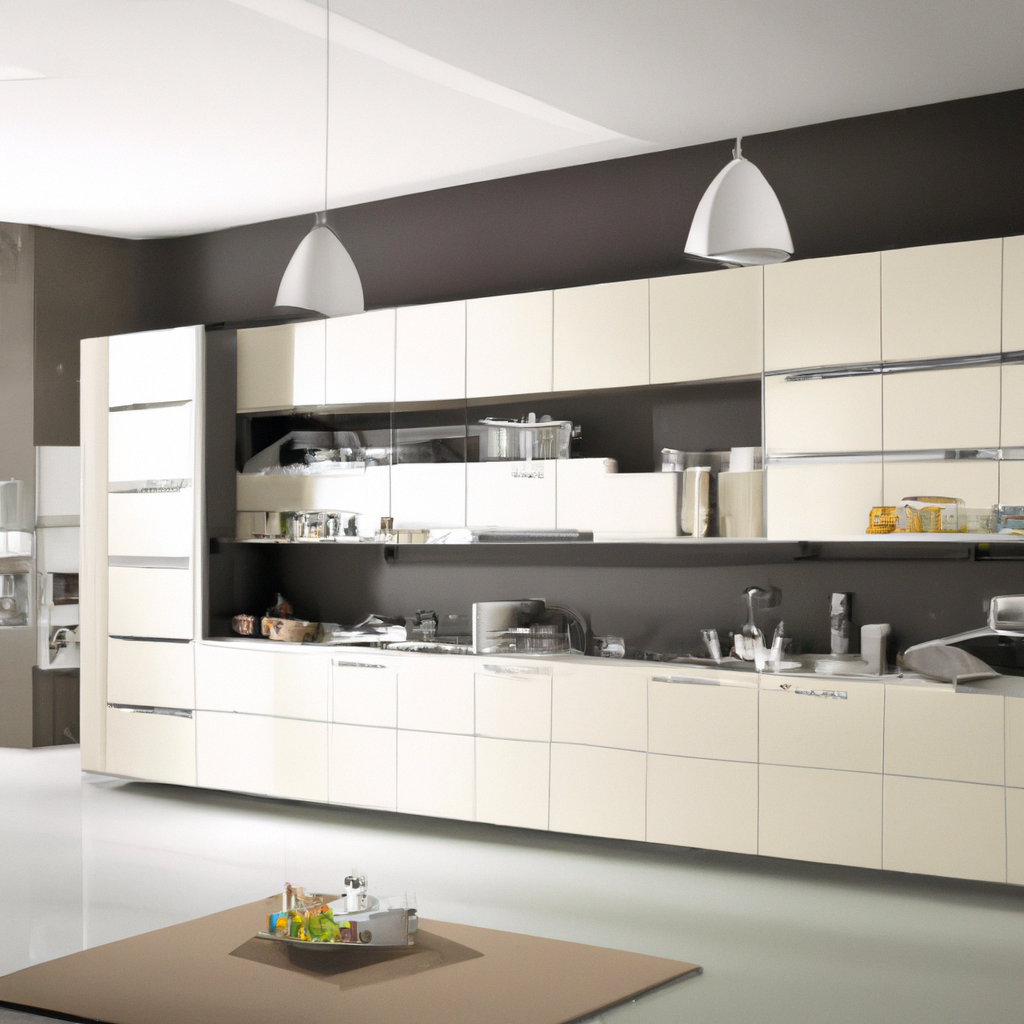 Cuisine moderne avec éléments blancs, accents gris, étagères ouvertes et éclairage suspendu, ambiance minimaliste et épurée.