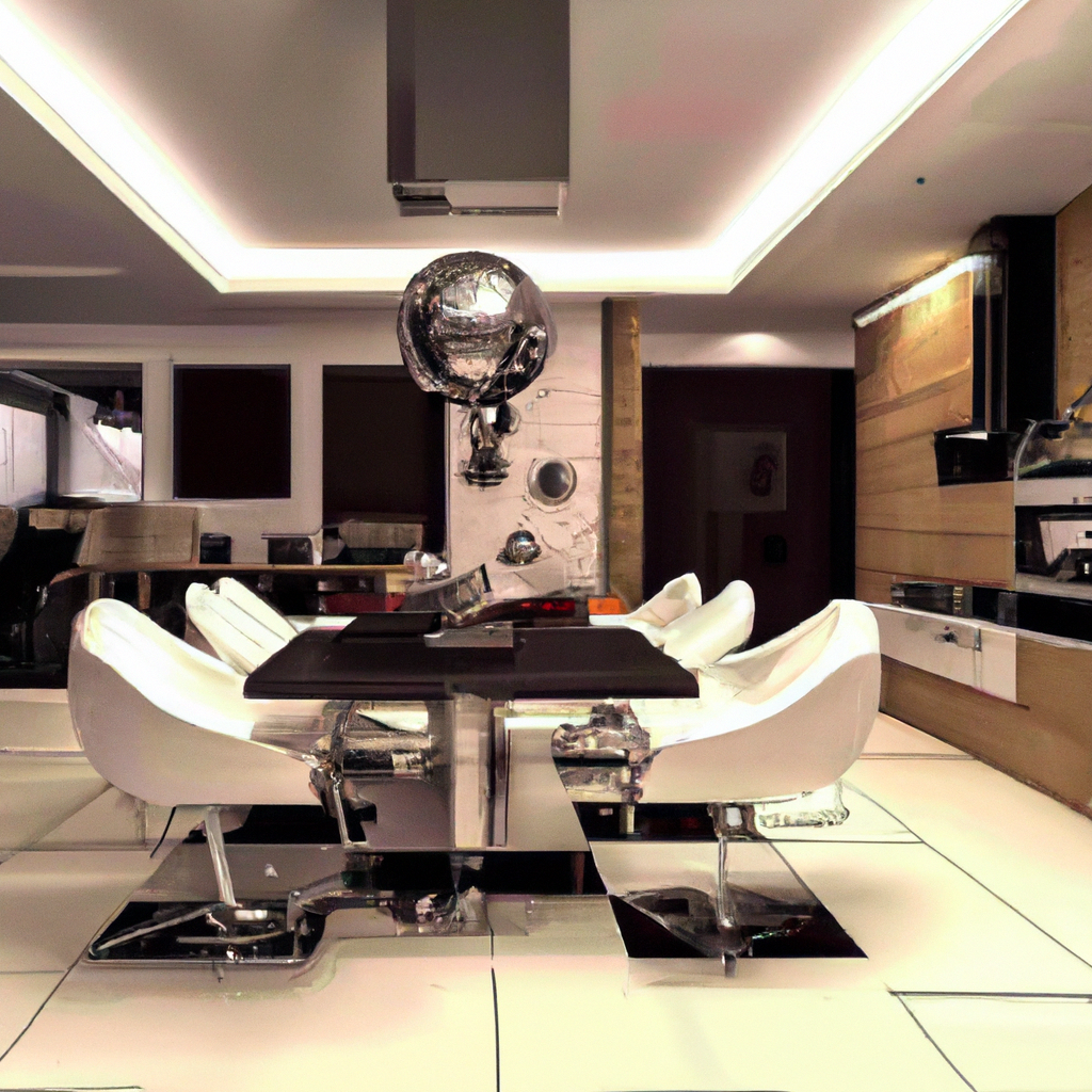 Salle à manger moderne avec table noire, chaises blanches brillantes et décor minimaliste, ambiance élégante et contempora...