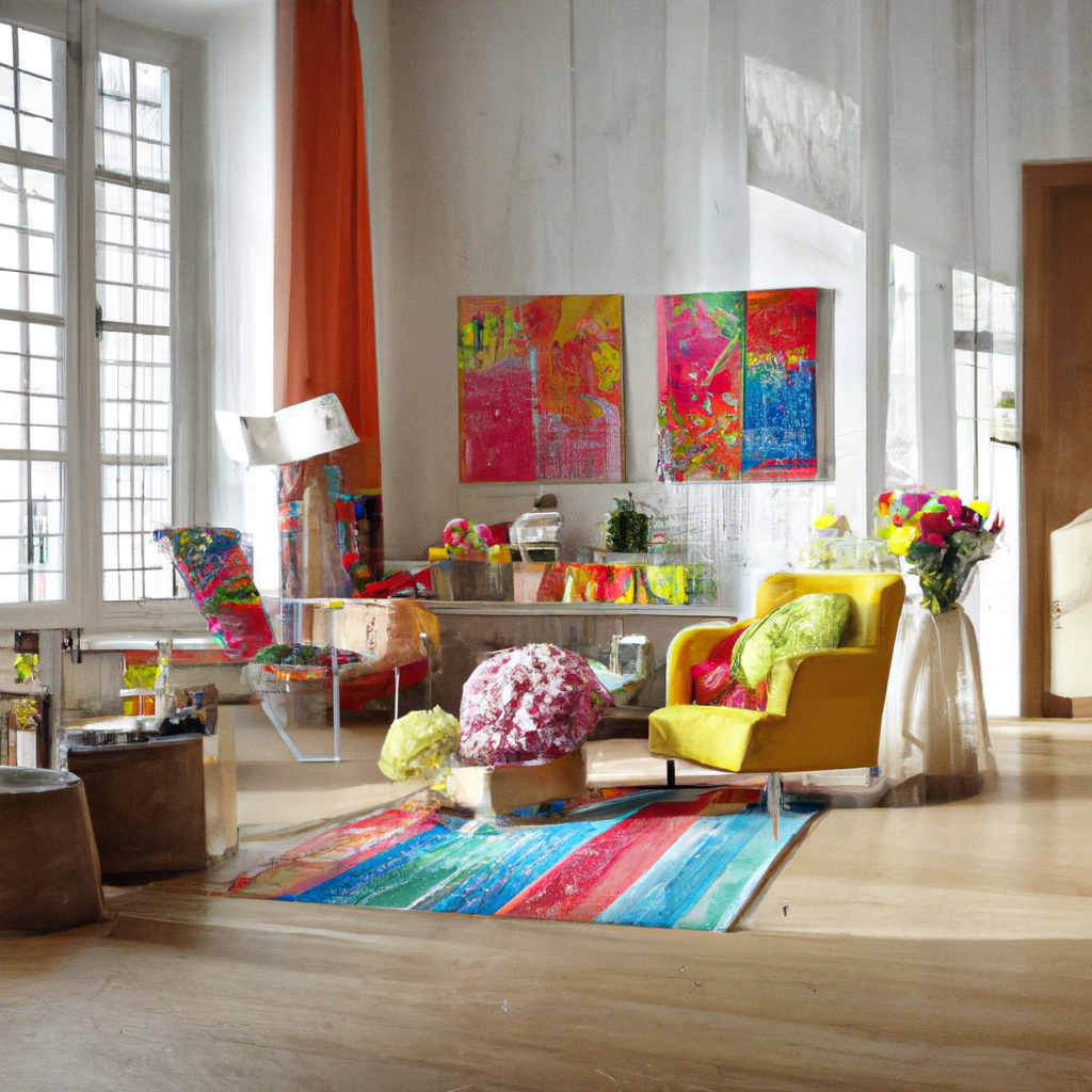 Salon coloré et contemporain avec fauteuil jaune, tapis multicolore, œuvres d'art vives et éclairage naturel.