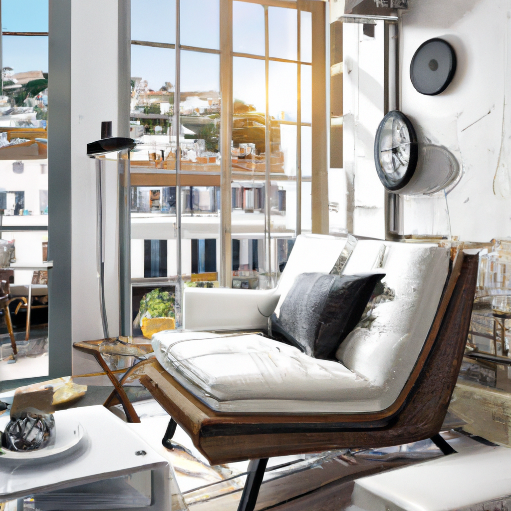 Salon moderne avec fauteuil en bois, coussins gris, table en verre et grande fenêtre lumineuse. Ambiance chic et épurée.