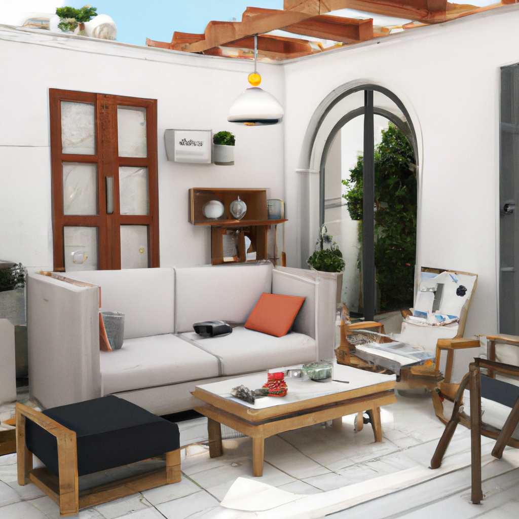 Salon lumineux et moderne avec canapé gris, tables en bois, plantes vertes et décoration minimaliste, ambiance apaisante.