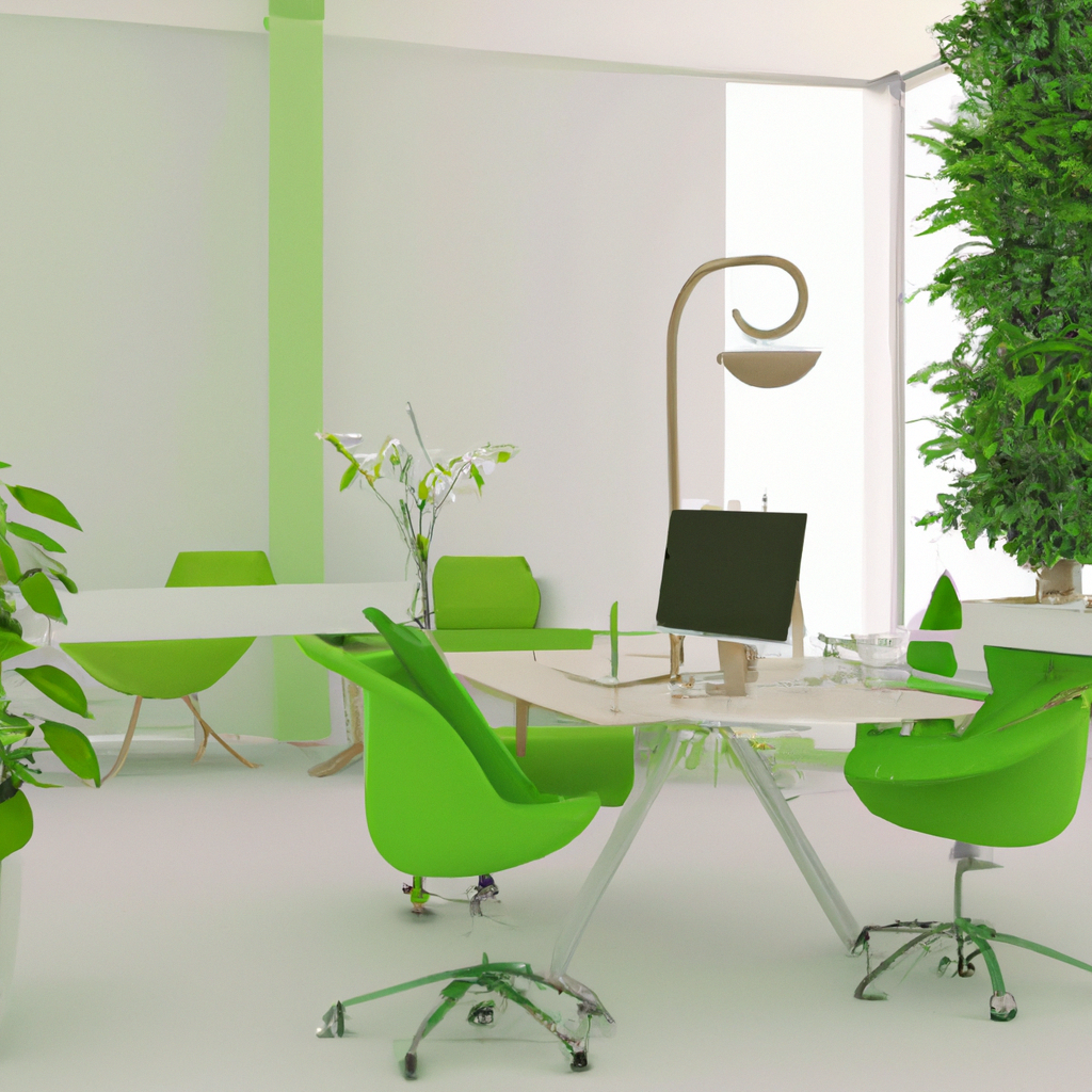 Bureau moderne lumineux avec meubles verts, plantes luxuriantes et un éclairage design, créant une ambiance zen et inspira...