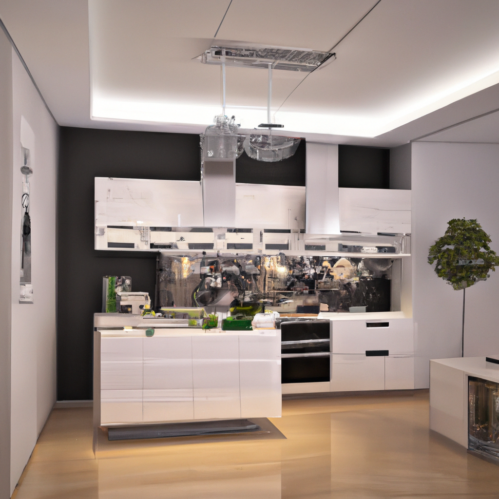 Cuisine moderne en blanc minimaliste, avec touches vertes et éclairage LED, ambiance élégante et épurée.