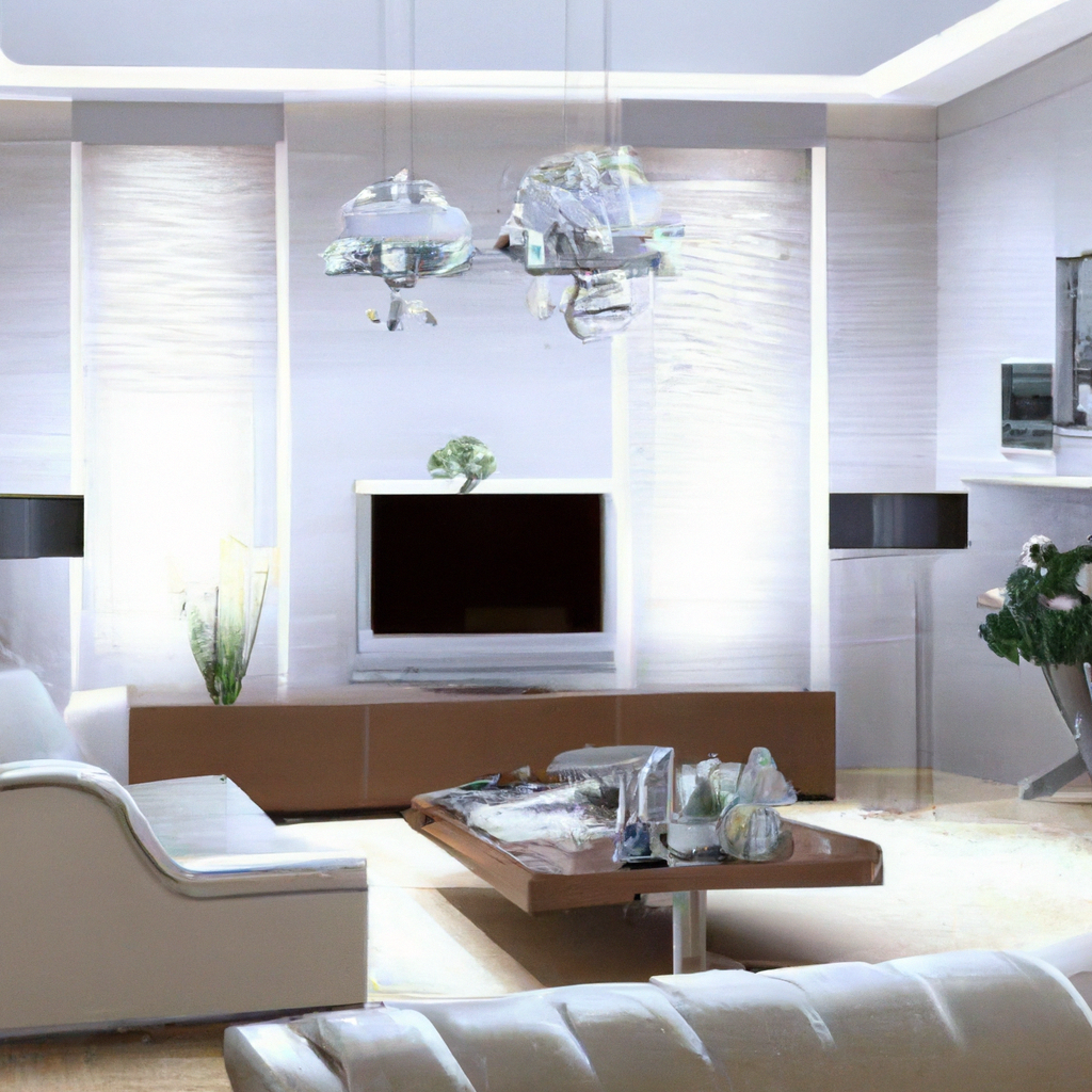 Salon moderne minimaliste aux teintes neutres, avec un canapé beige, table en bois clair, lampes élégantes et décor épuré.