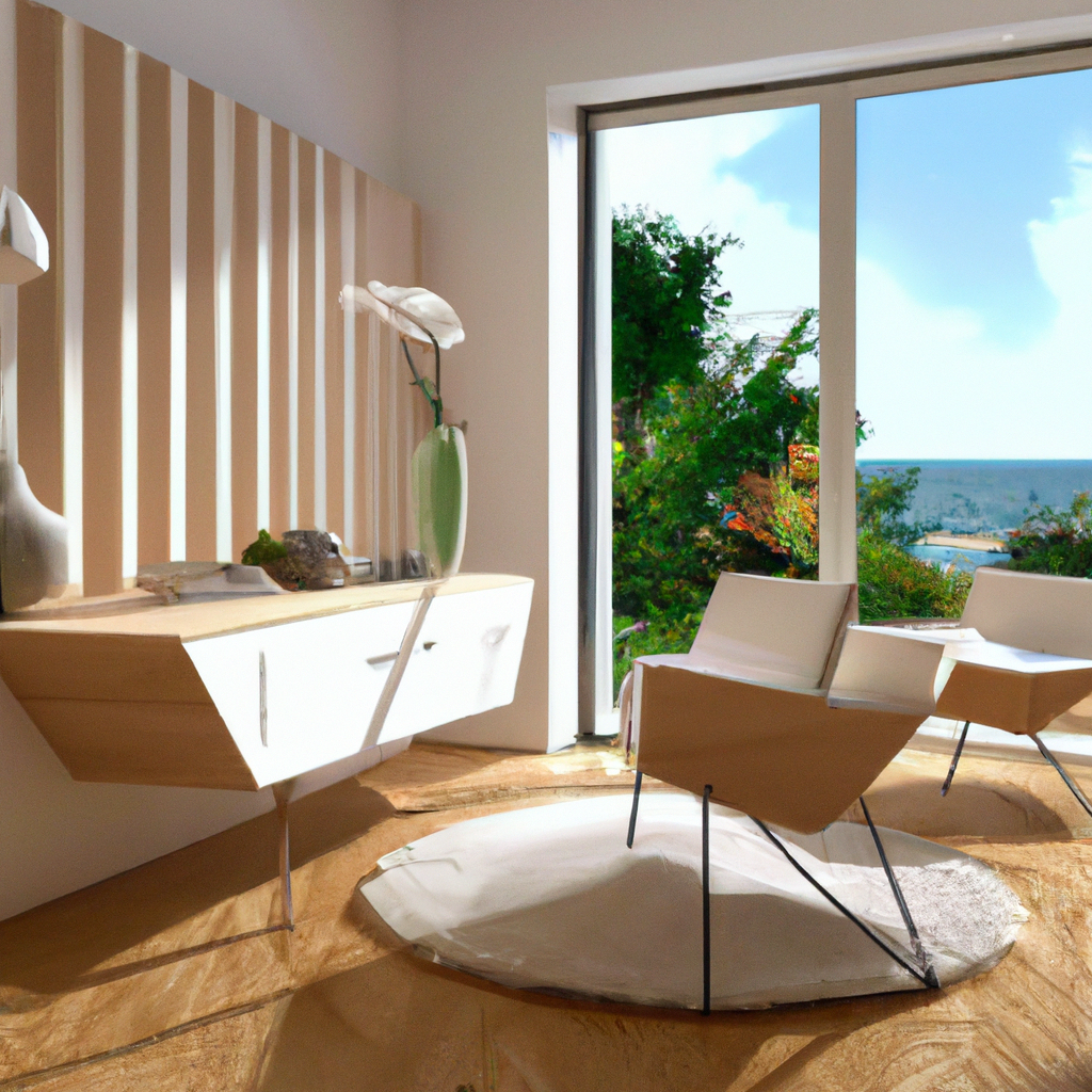 Salon moderne avec des meubles en bois clair, fauteuils minimalistes blancs, grande fenêtre donnant sur la mer. Ambiance é...