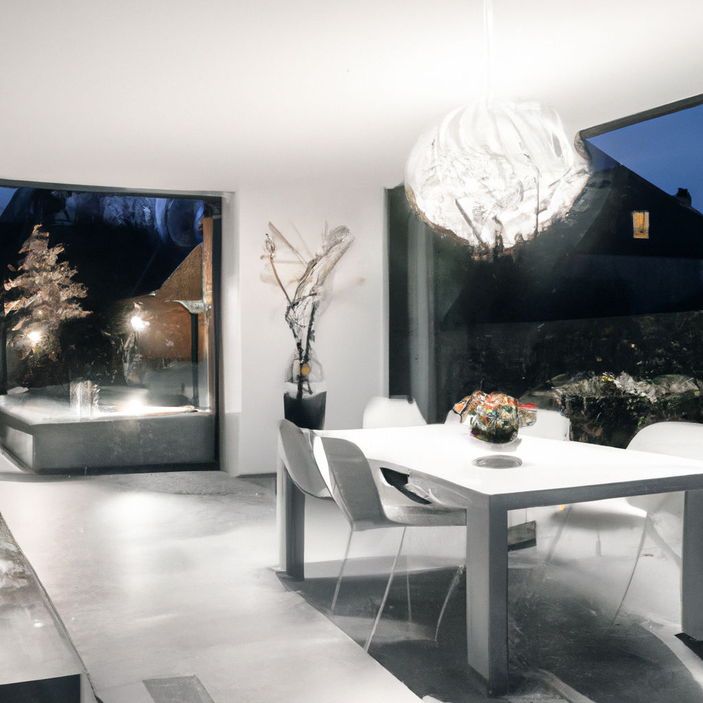 Intérieur moderne avec table blanche, chaises transparentes, lampadaire design et grandes fenêtres offrant une vue nocturne.
