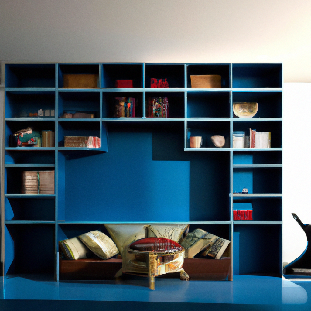 Étagère moderne bleu vif avec objets décoratifs, livres, fauteuil coloré, créant une ambiance artistique et contemporaine.