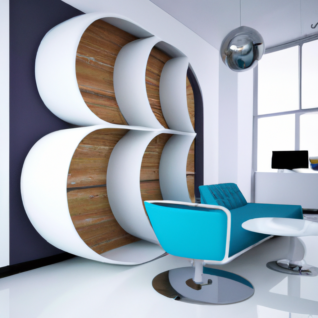 Intérieur moderne avec un mur en bois, canapé turquoise et table blanche, ambiance épurée et lumineuse.