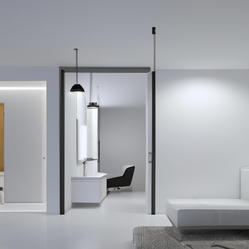 Intérieur moderne minimaliste avec des murs blancs, une chaise noire élégante et un éclairage suspendu chic.