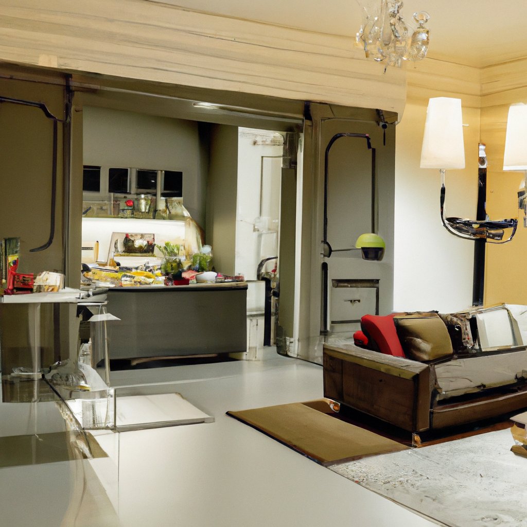 Salon contemporain avec canapé gris, tapis beige, cuisine ouverte moderne, touches de rouge, ambiance lumineuse et élégante.