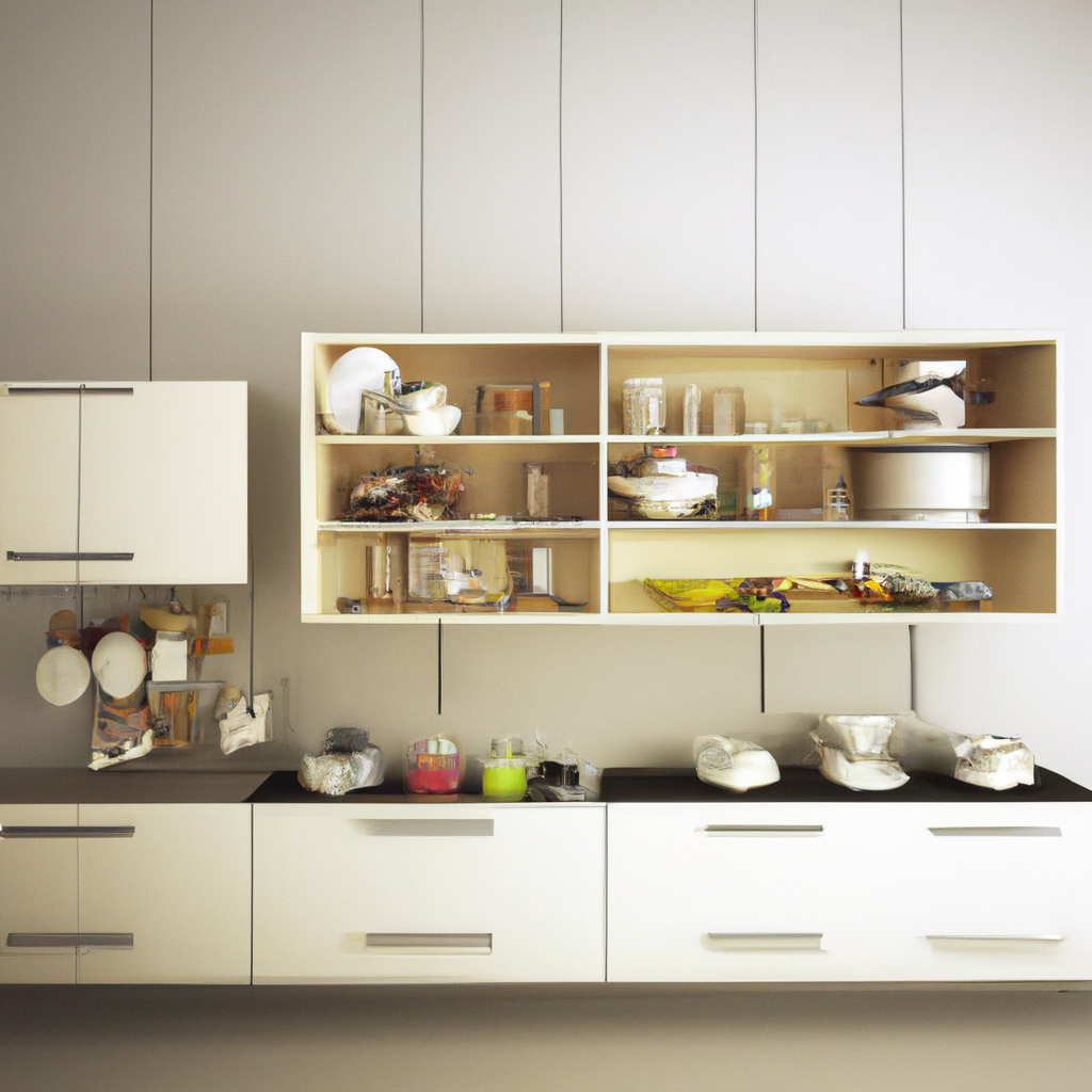 Cuisine moderne en blanc avec étagères en bois, rangement désordonné, ambiance épurée et minimaliste.