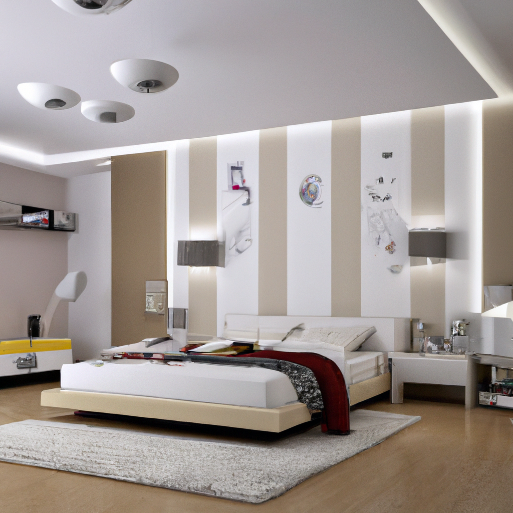 Chambre moderne avec lit blanc, murs beiges et gris, éclairage LED, tapis de sol et meubles minimalistes.
