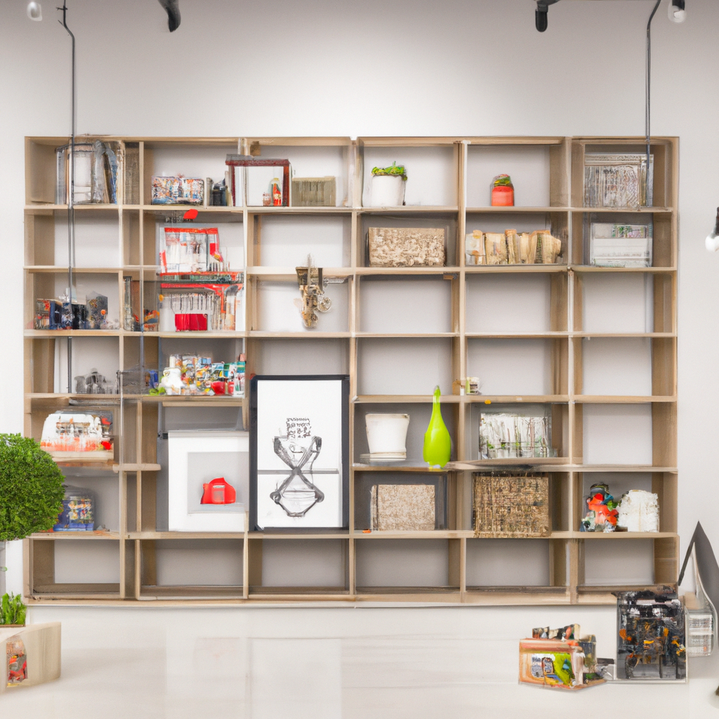 Bibliothèque en bois clair avec objets décoratifs colorés, style moderne, ambiance épurée et contemporaine.