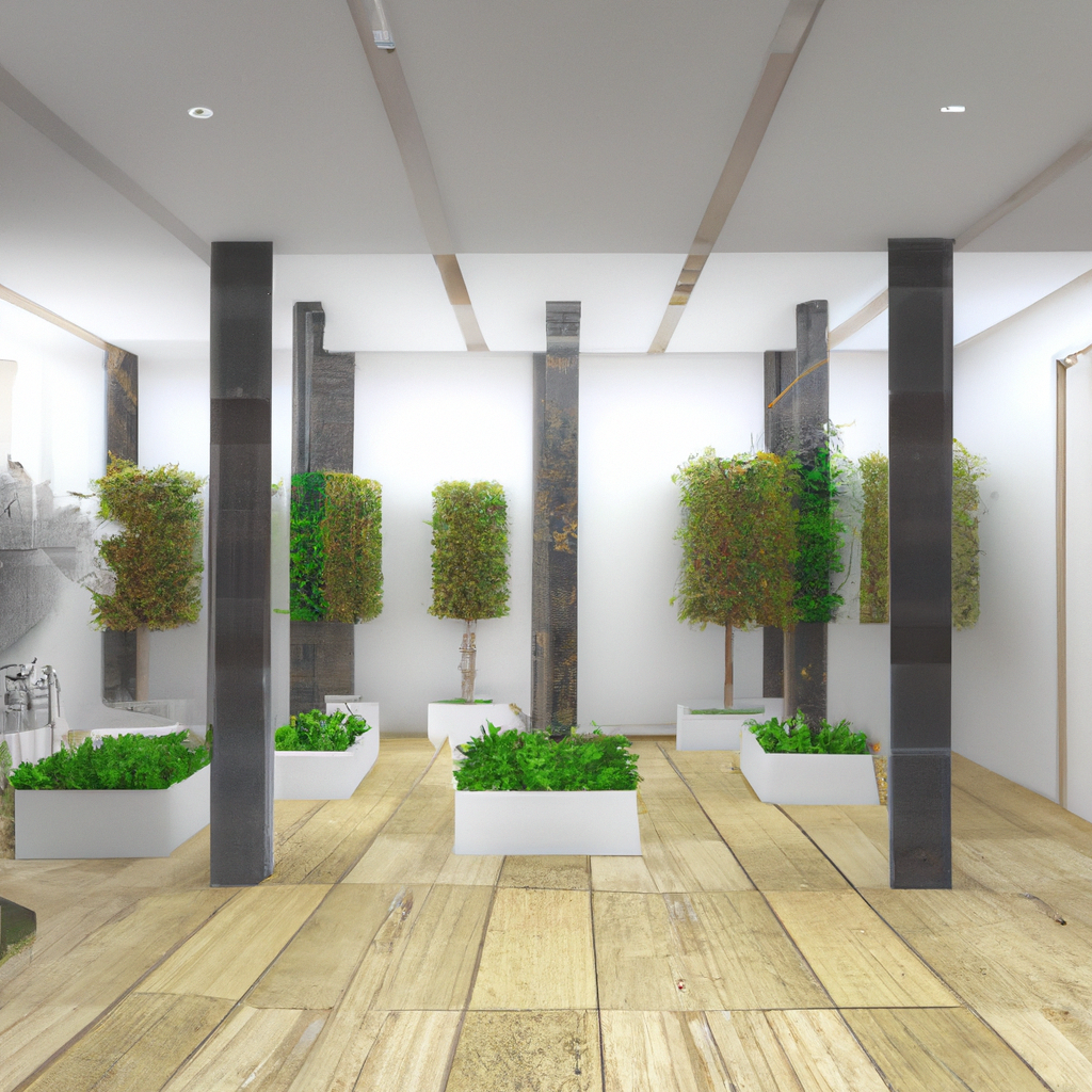 Intérieur moderne avec parquet clair, colonnes grises, et grandes jardinières blanches remplies de plantes vertes luxurian...