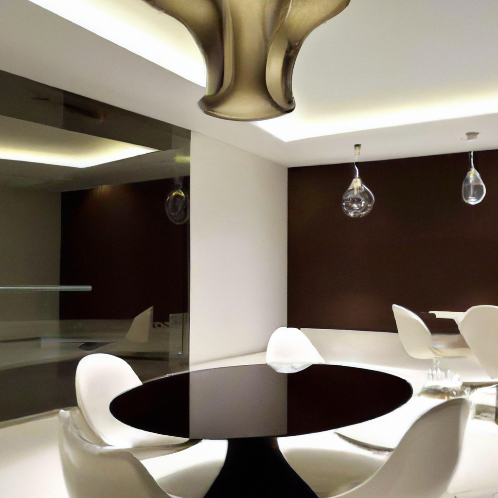 Salle à manger moderne avec table ronde noire et chaises blanches, mur marron, éclairage chic, ambiance minimaliste.