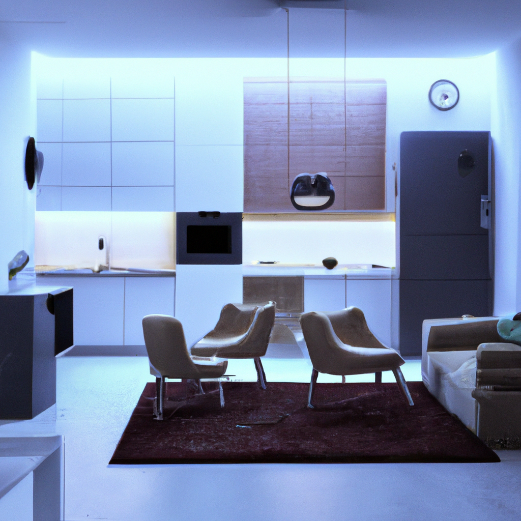 Intérieur moderne avec éclairage bleu, chaises design beiges, meuble en bois et tapis rouge, ambiance minimaliste.