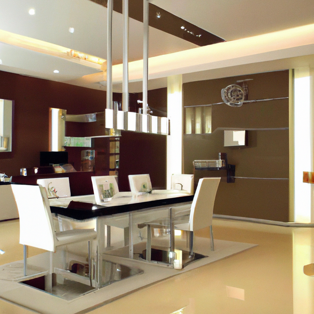 Salle à manger moderne avec table noire, chaises blanches et éclairage contemporain, ambiance élégante et épurée.