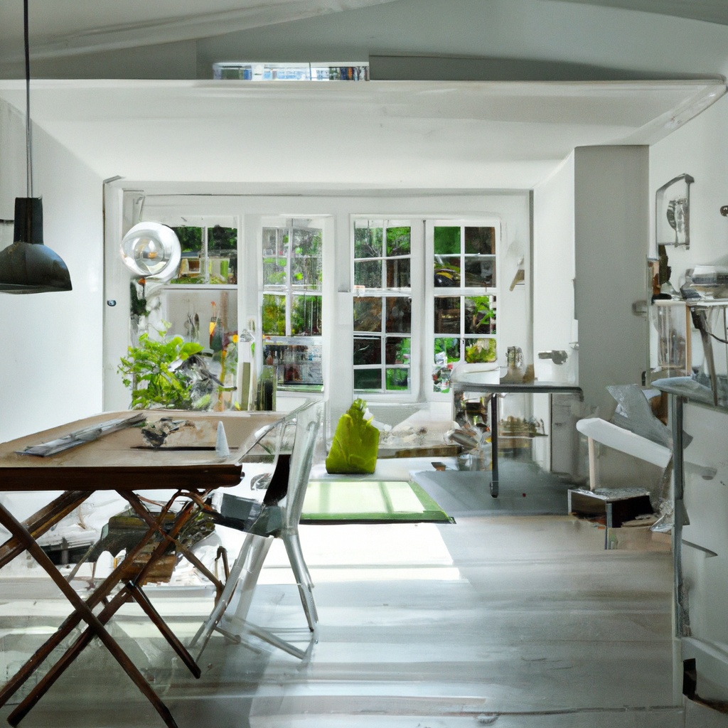 Intérieur lumineux avec table en bois, chaises transparentes, plantes vertes, style moderne et ambiance minimaliste apaisa...