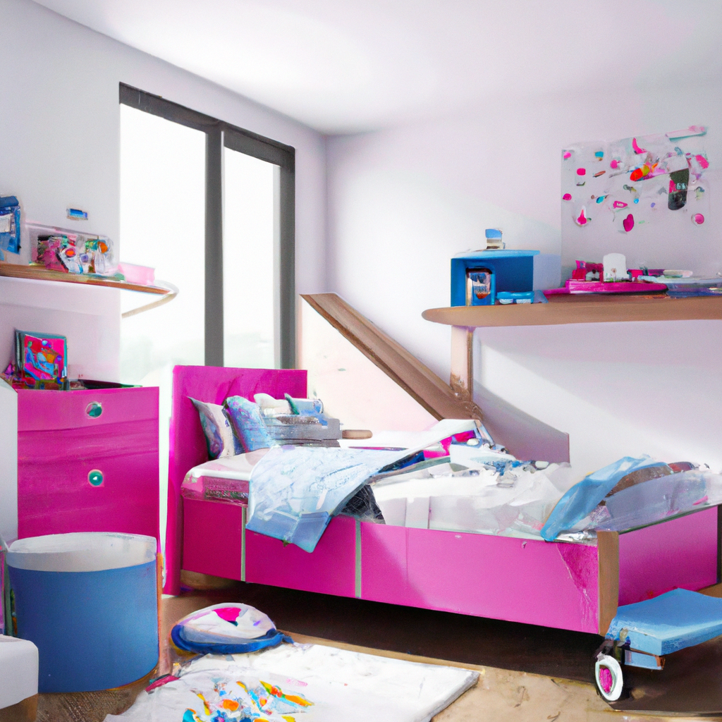 Chambre d'enfant moderne aux murs blancs, mobilier rose vif et bleu, ambiance colorée et ludique, lit élégant et rangements.