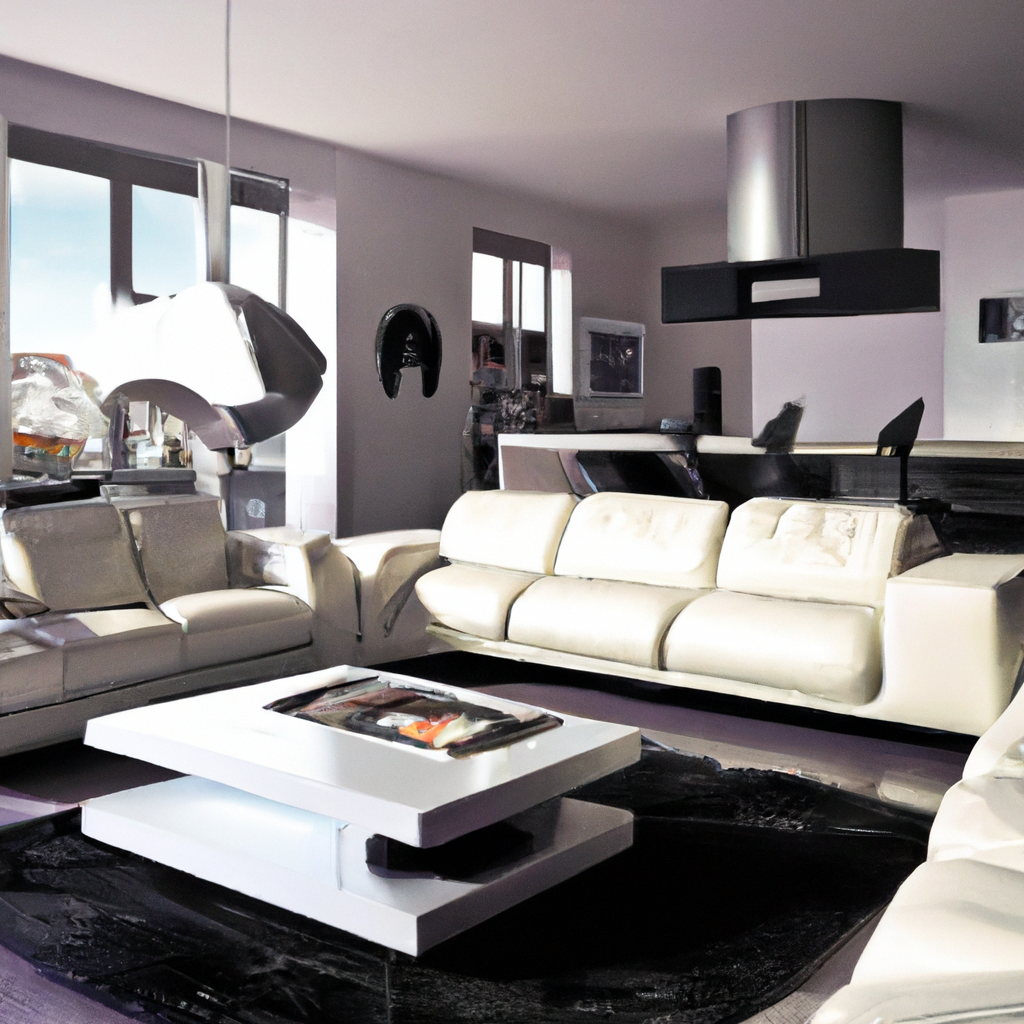Salon moderne avec canapés en cuir blanc, table basse minimaliste, décor épuré et lumière naturelle abondante.