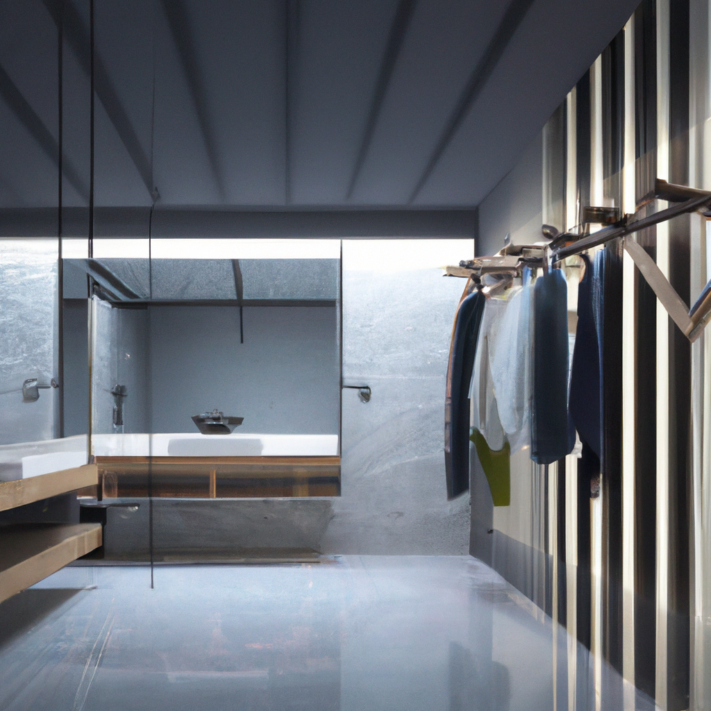 Salle de bain moderne et minimaliste, murs gris, éclairage doux, meuble en bois, accessoires élégants.
