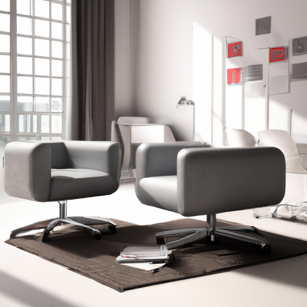 Intérieur moderne avec fauteuils gris, tapis brun et décor minimaliste, teinté de lumière naturelle et ambiance épurée.