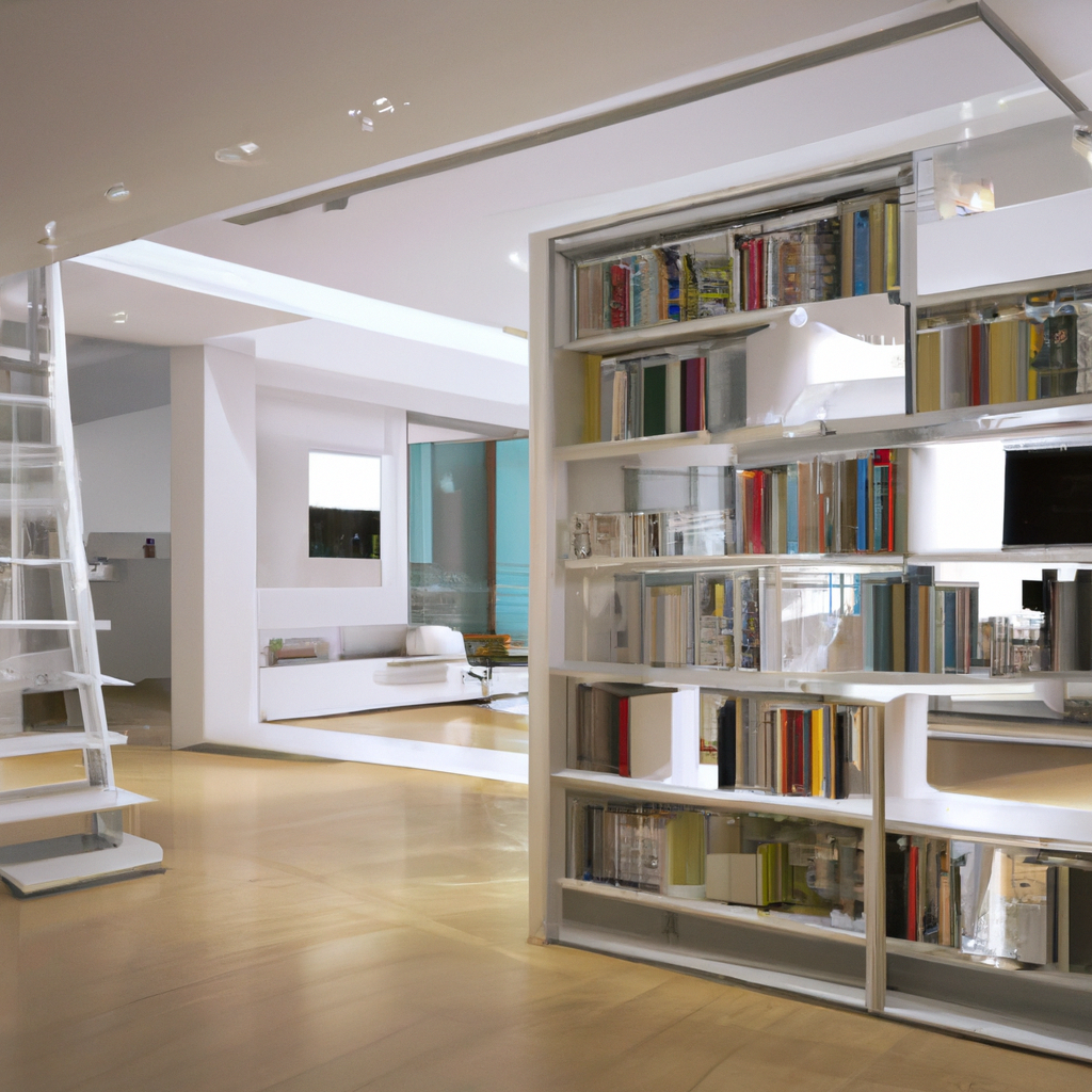 Intérieur moderne minimaliste avec étagères blanches, lumière naturelle, couleurs neutres et coin salon épuré.