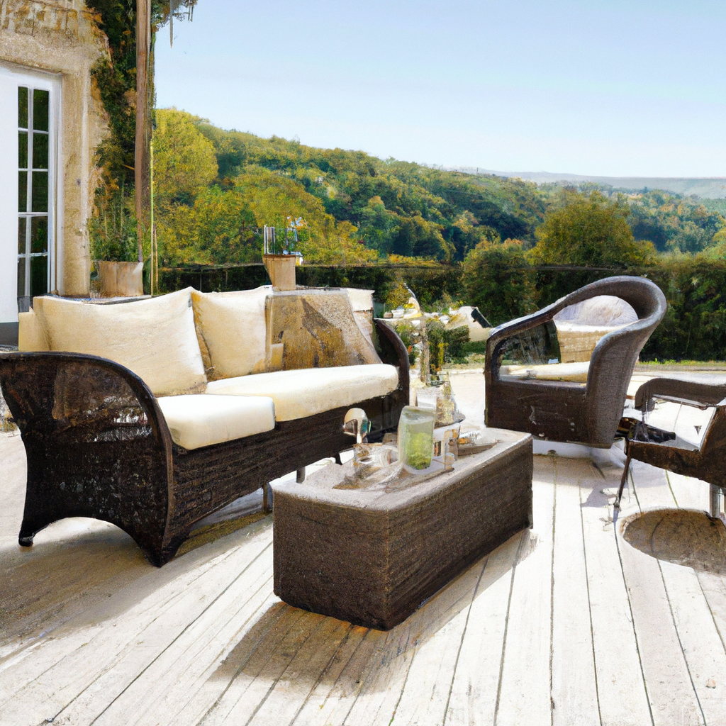 Salon de jardin en rotin avec coussins beiges, table basse en bois, ambiance naturelle et verdoyante, vue panoramique.
