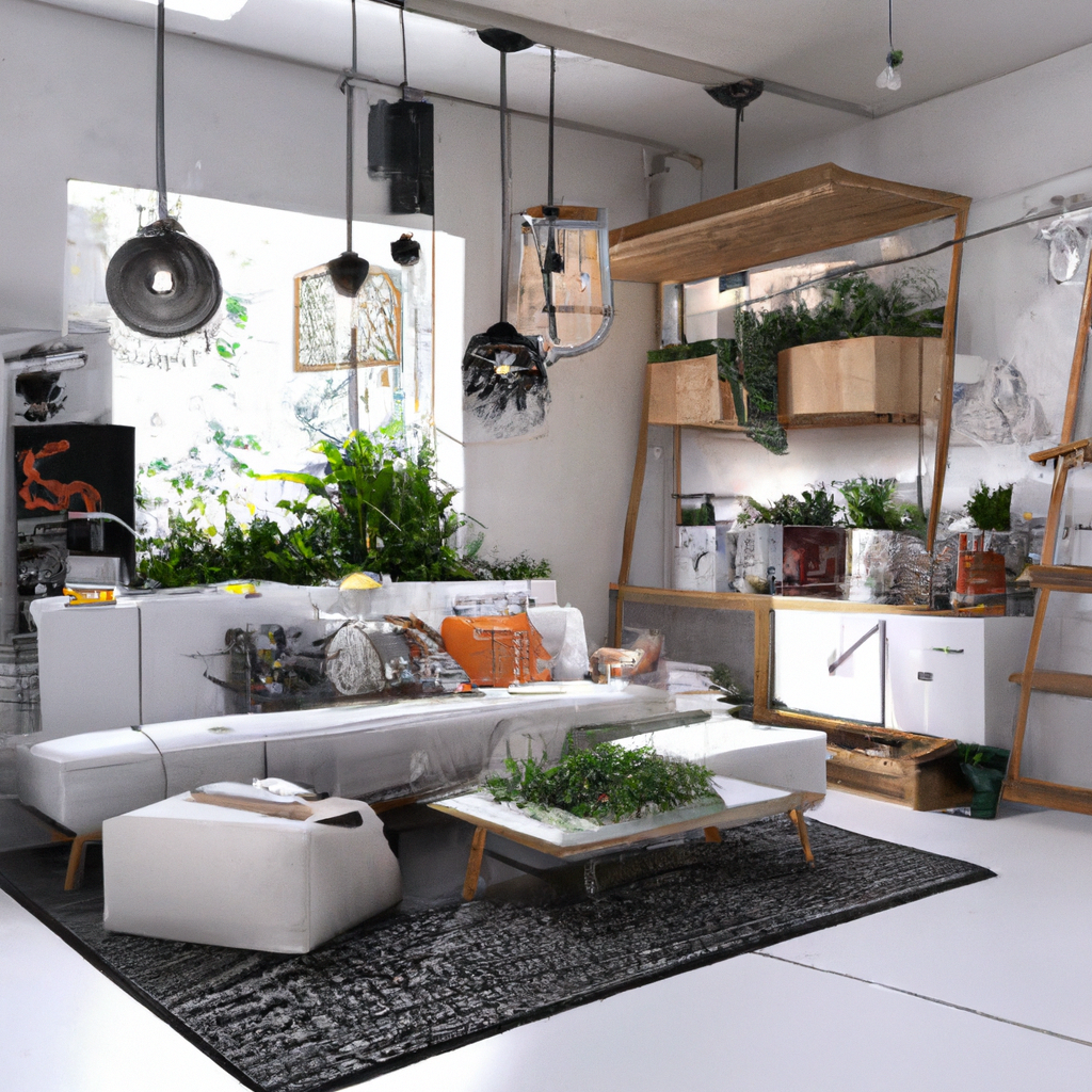 Salon moderne lumineux avec meubles blancs, plantes vertes, tapis noir, et étagères bois, créant une ambiance sereine.