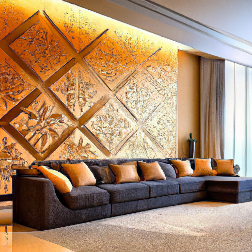 Salon contemporain avec canapé noir, coussins orange et mur texturé doré, créant une ambiance chaleureuse et moderne.