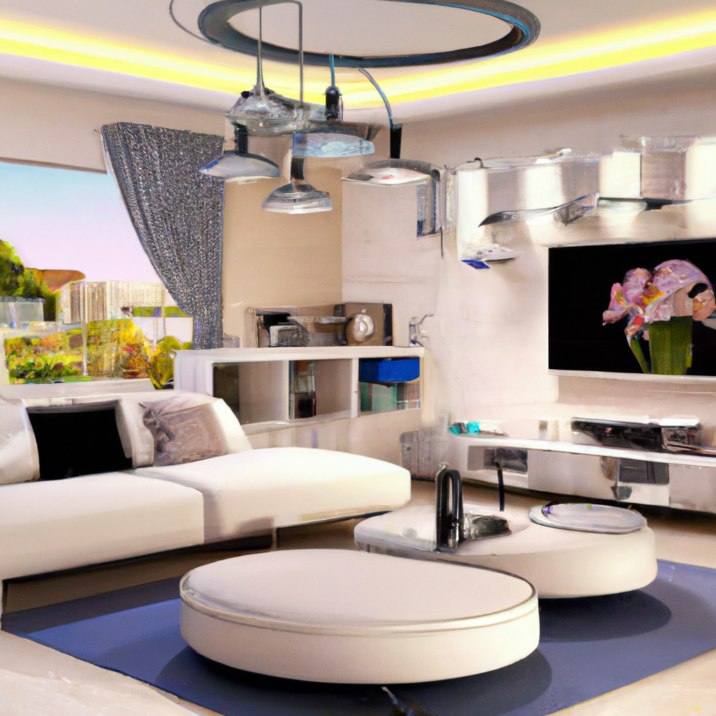Salon moderne avec canapé blanc, tables rondes, décor minimaliste, lumière naturelle, touches de bleu et plantes.