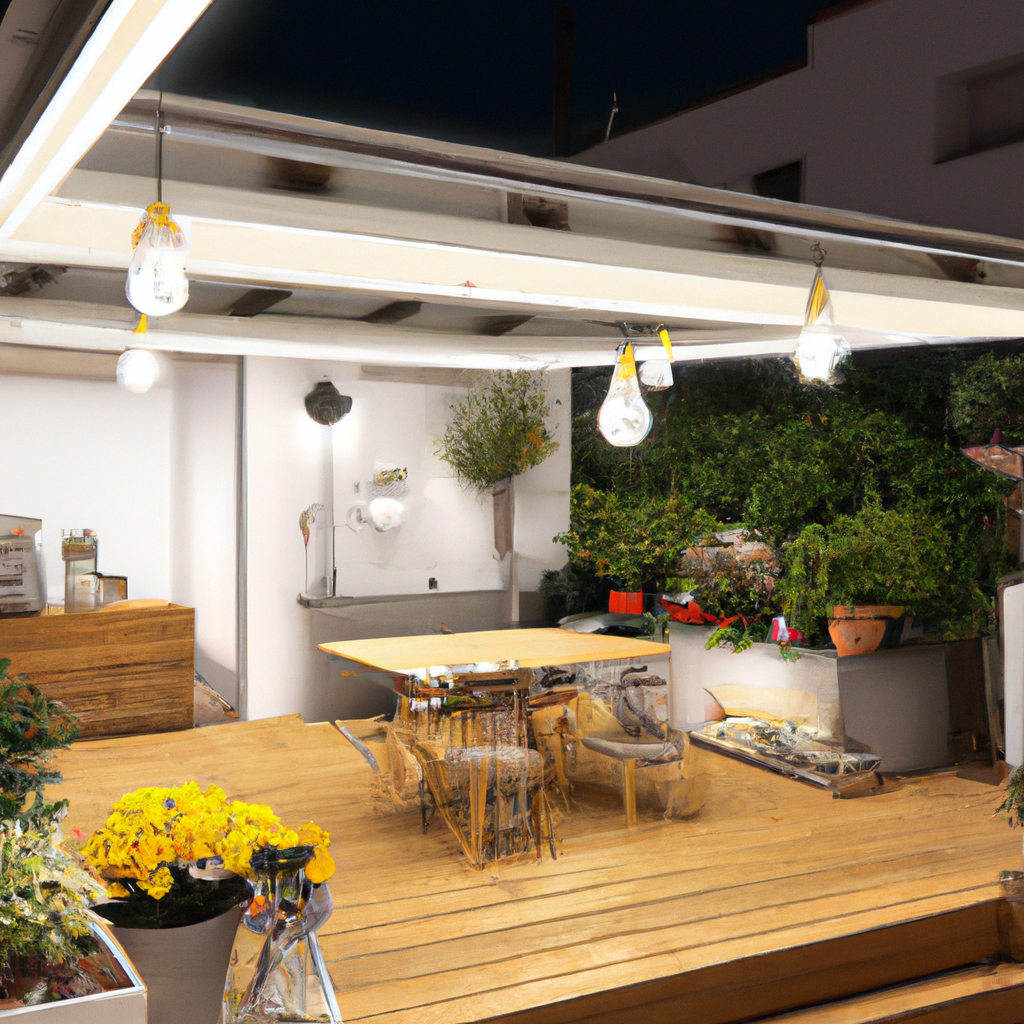 Terrasse moderne en bois avec éclairage suspendu, meubles en transparence, plantes vertes, ambiance chaleureuse nocturne.
