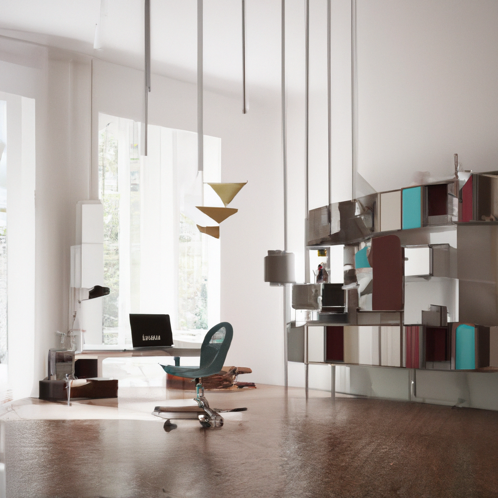 Bureau moderne minimaliste avec chaises turquoise, étagères colorées et lumière naturelle, ambiance spacieuse et accueilla...