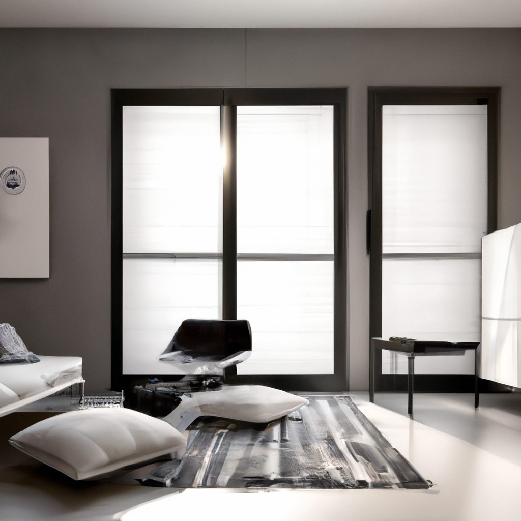 Intérieur moderne avec fauteuil design noir, tapis stylé, murs gris et lumière naturelle. Ambiance épurée et contemporaine.
