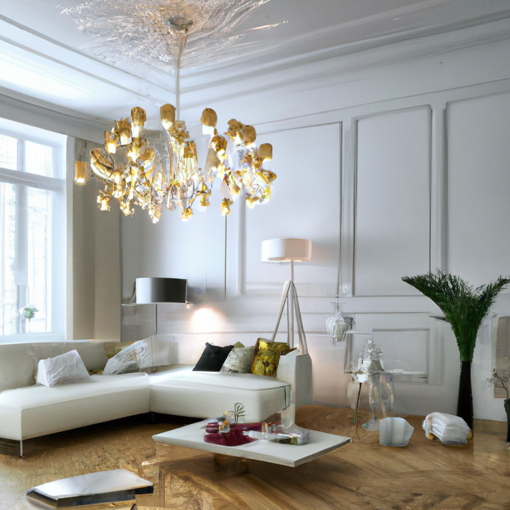 Salon moderne lumineux avec canapé blanc, chandelier doré, parquet en bois et accents verts. Ambiance élégante et sophisti...