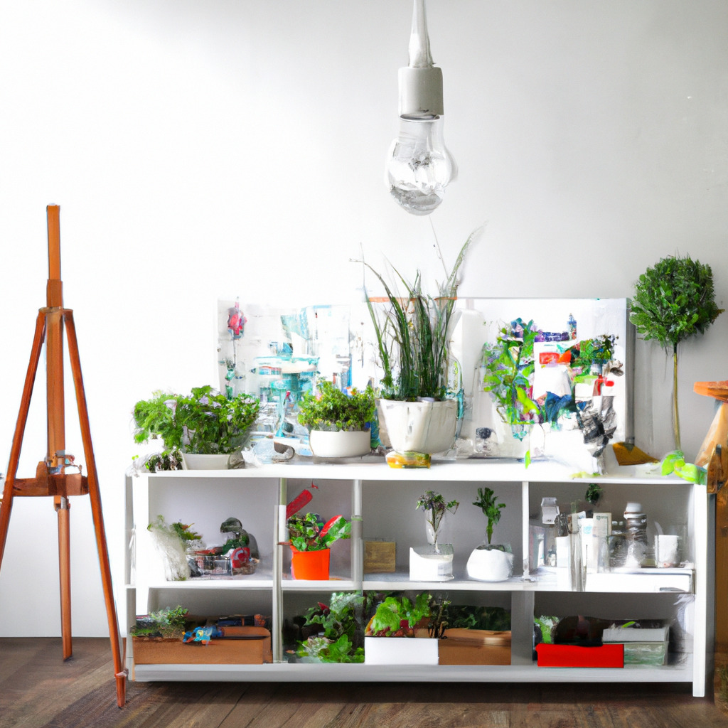 Étagère moderne en bois blanc, remplie de plantes vertes, accessoires de jardinage et décorations, avec une lumière suspen...