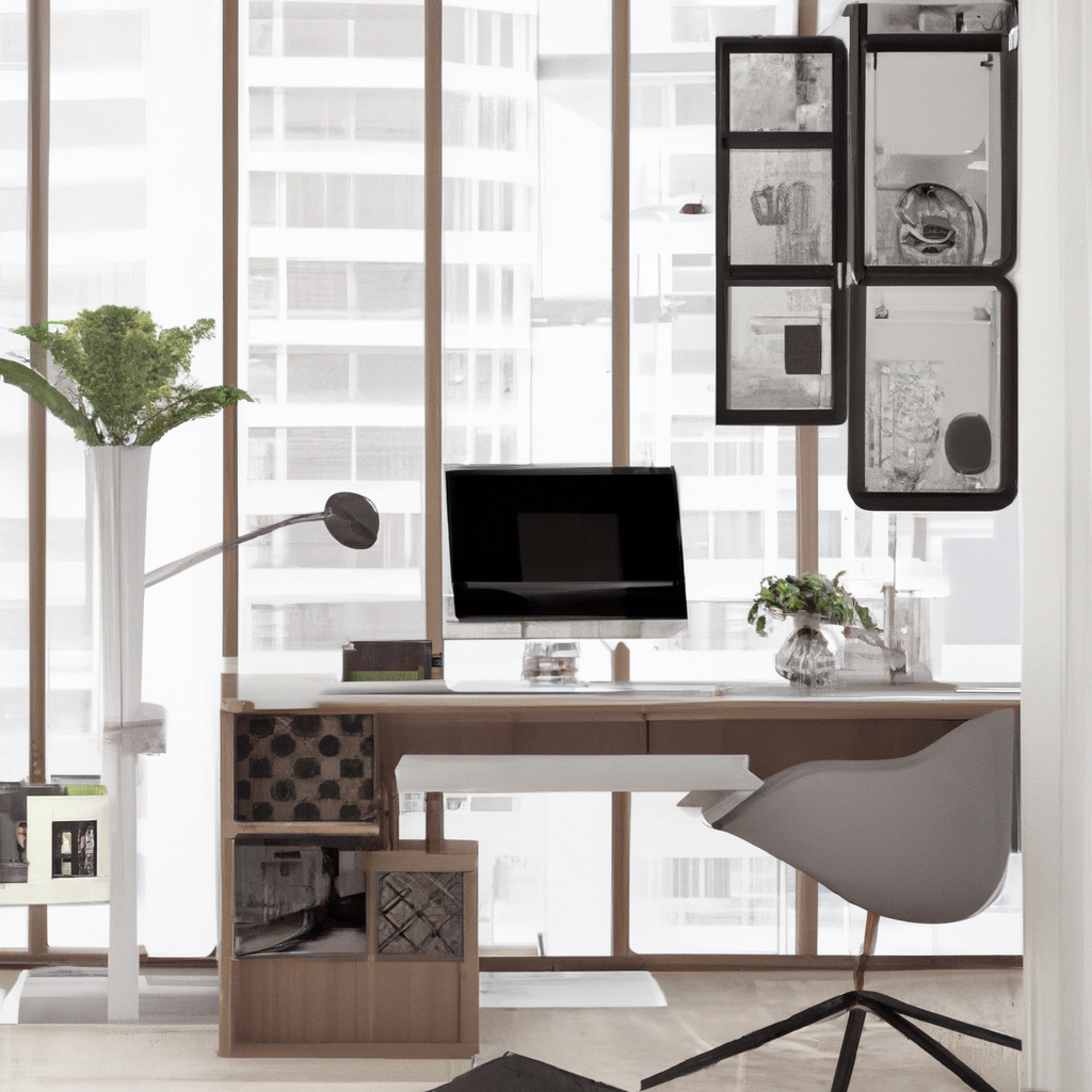 Bureau moderne et épuré avec chaise grise, plantes vertes et rangements stylés dans une ambiance lumineuse et minimaliste.
