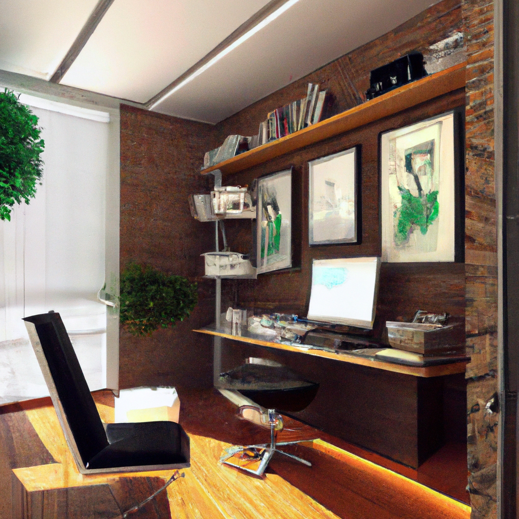 Bureau moderne avec mur en bois, fauteuil noir, étagère et décorations artistiques vertes. Ambiance esthétique et chaleure...