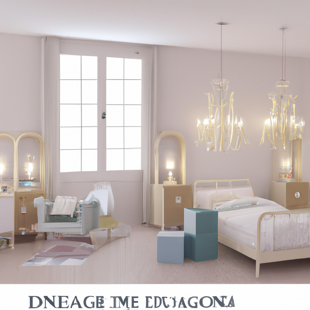 Chambre moderne aux teintes pastel, lit minimaliste, table de nuit en bois clair et suspension en verre élégant.